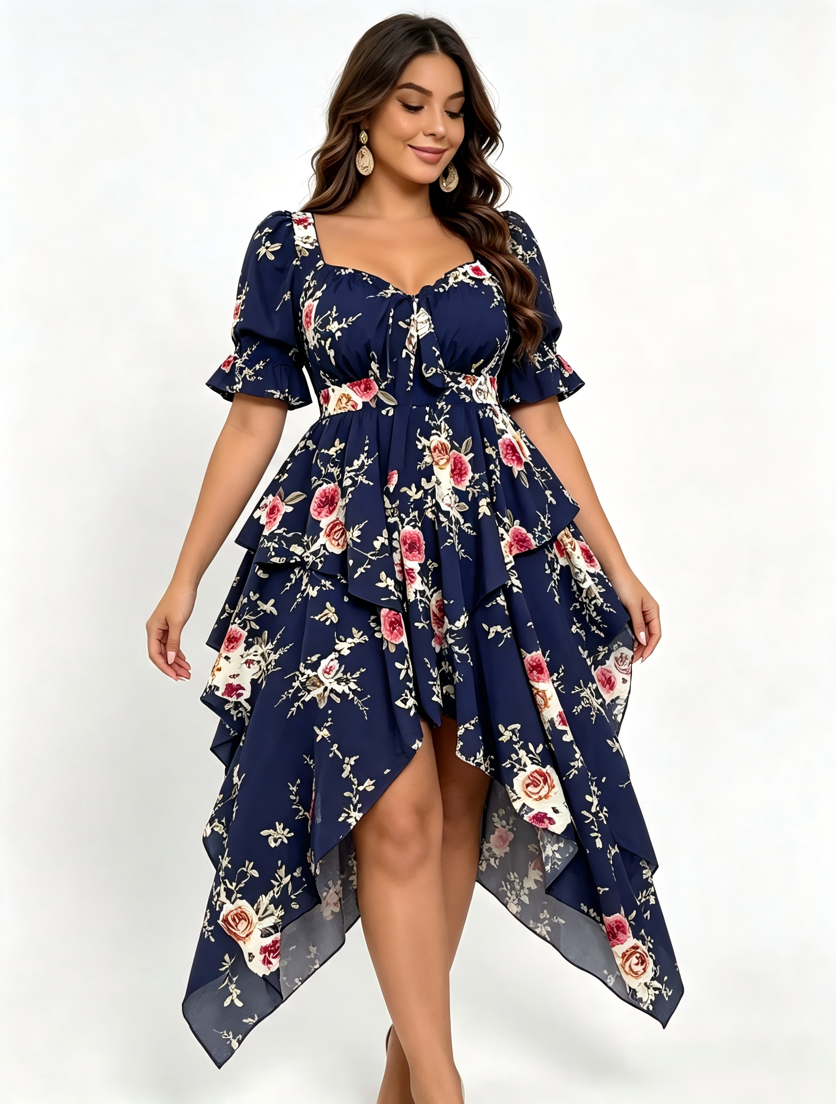 Robe bohème à volants superposés pour femmes grandes tailles, à col carré floral, manches courtes bouffantes, taille haute et ourlet irrégulier.