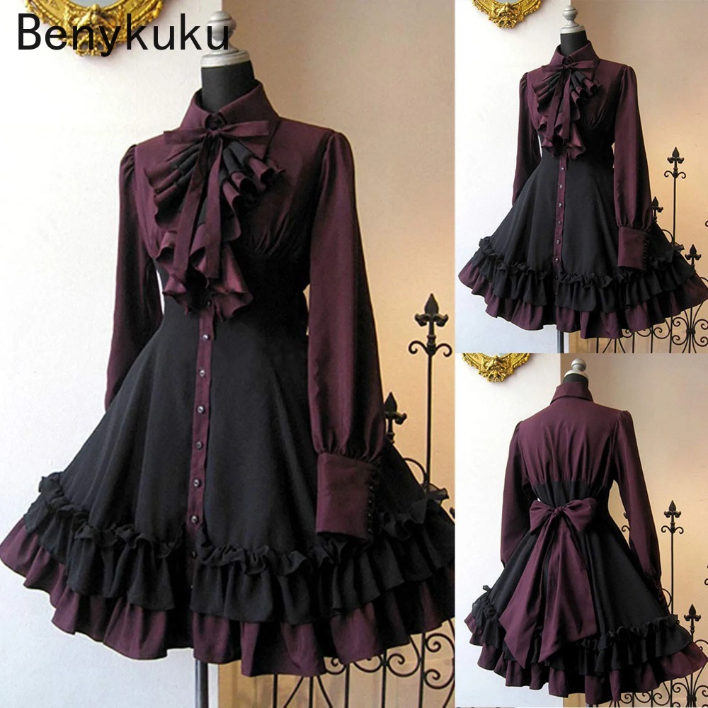 Robes de style cour médiévale à lacets, col à nœud vintage, volants gothiques rétro, robe Lolita Palace, princesse victorienne, vêtements gothiques