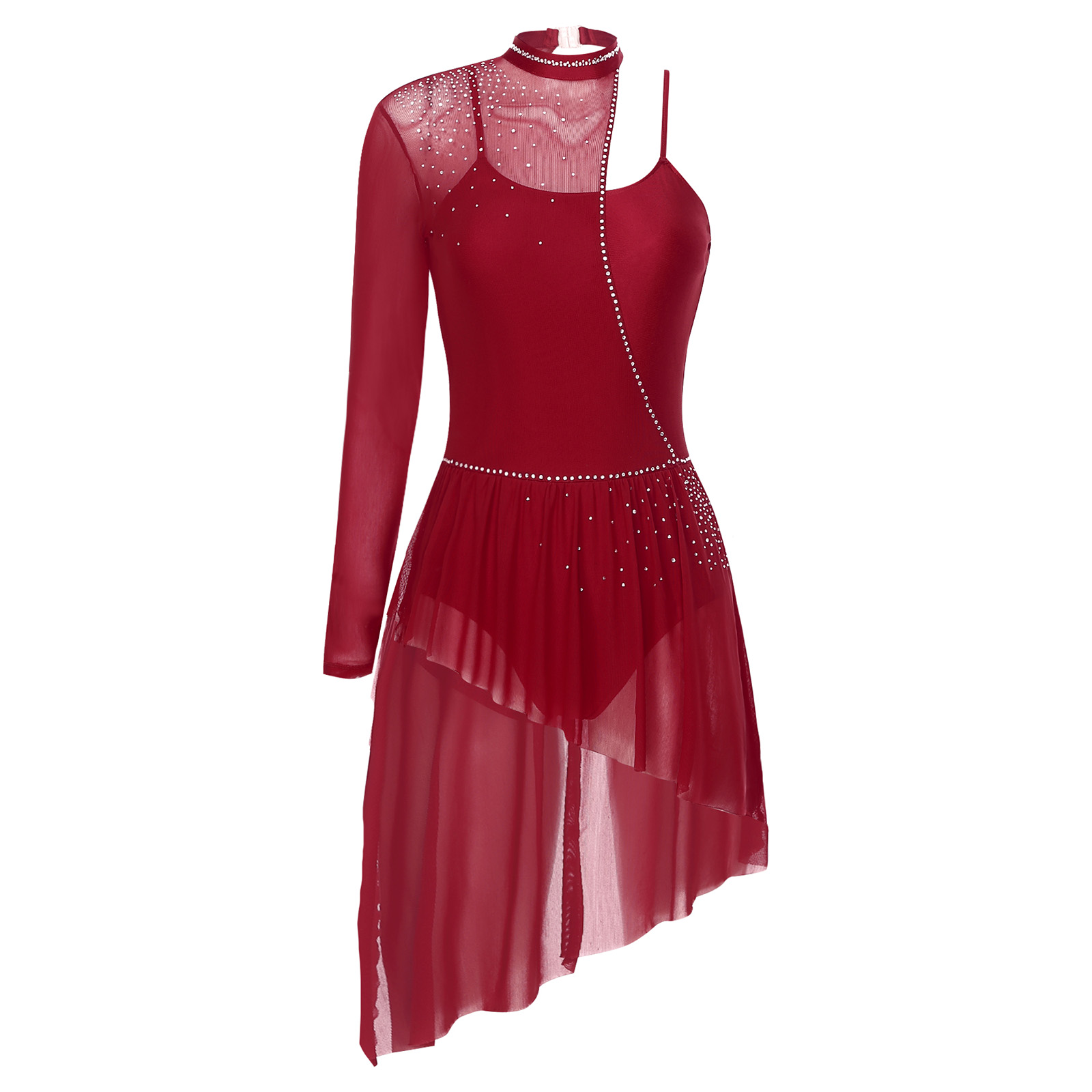 Robe de danse lyrique pour femmes, asymétrique épaule dénudée, maille asymétrique fendue, patinage, gymnastique, justaucorps, Costume de danse contemporaine moderne