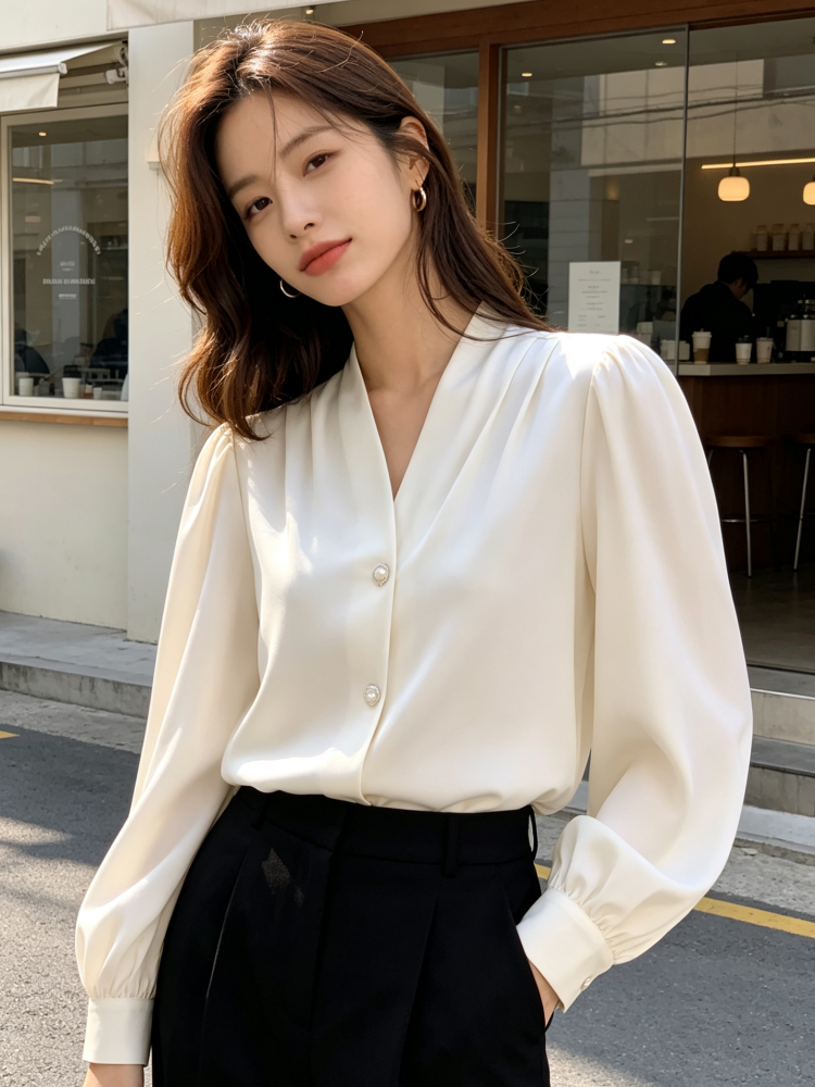 Chemisier élégant pour femme à col en V et manches longues bouffantes, chemise de bureau décontractée chic avec boutons en perles et plis sur le devant en satin