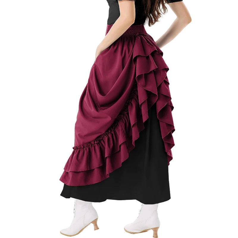 Jupe longue évasée décontractée à double couche en dentelle, style Renaissance, avec boutons, volants vintage, taille élastique, longueur maxi pour femme
