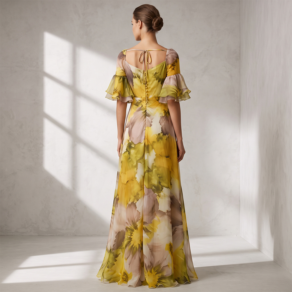 Robe longue en mousseline de soie à fleurs pour femme, col en V, manches courtes bouffantes, taille haute, élégante, fluide, pour soirée, mariage, invitée, été