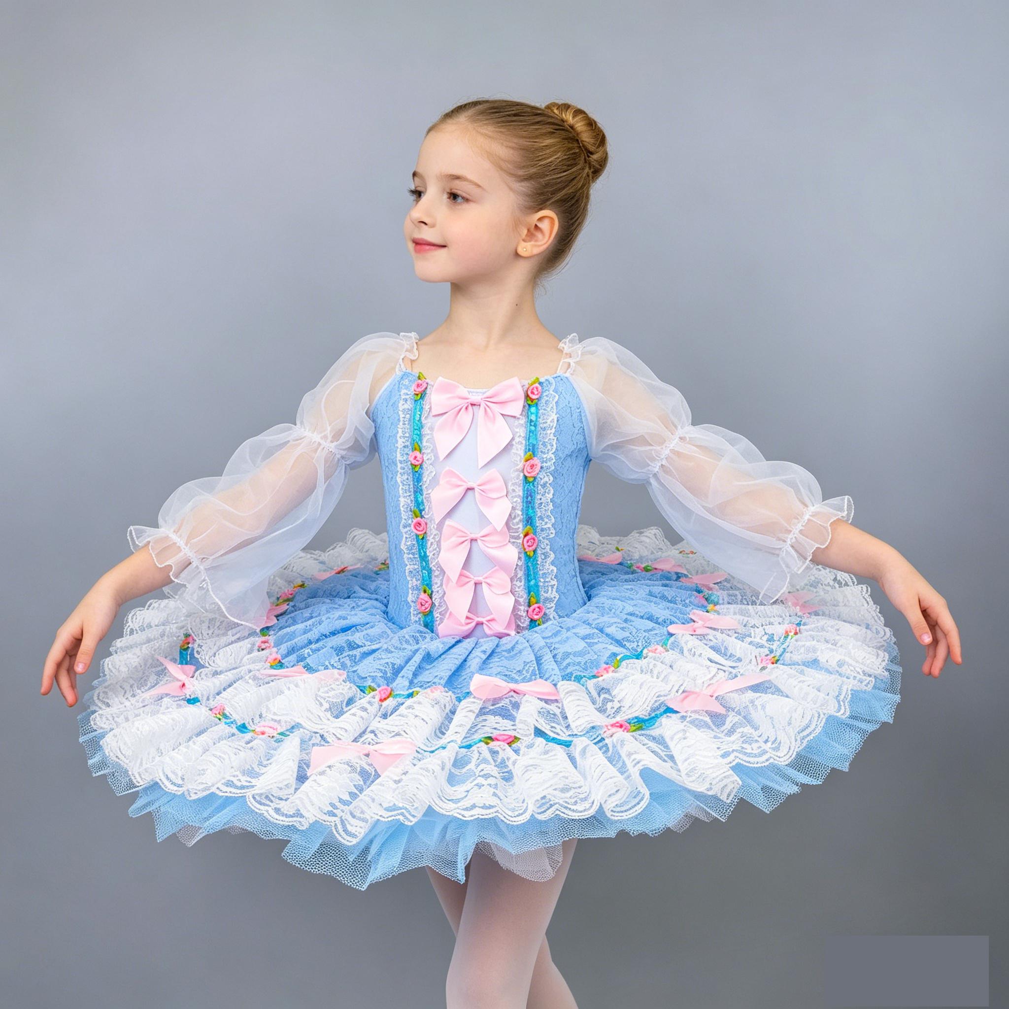Robe de tutu de ballet à manches longues en dentelle bleue pour filles, costume de ballerine rose à nœud floral pour enfants, robe de scène pour spectacle ou fête