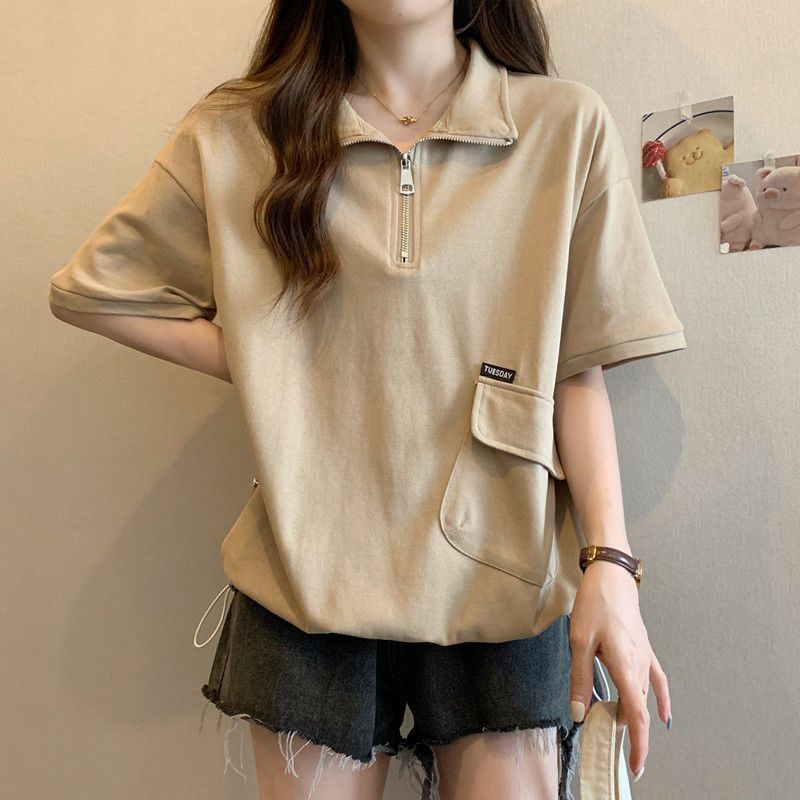 Vêtements pour femmes de grande taille, t-shirt à manches courtes, couleur unie, décontracté et fin, polyvalent, avec fermeture éclair, nouvelle collection printemps et été