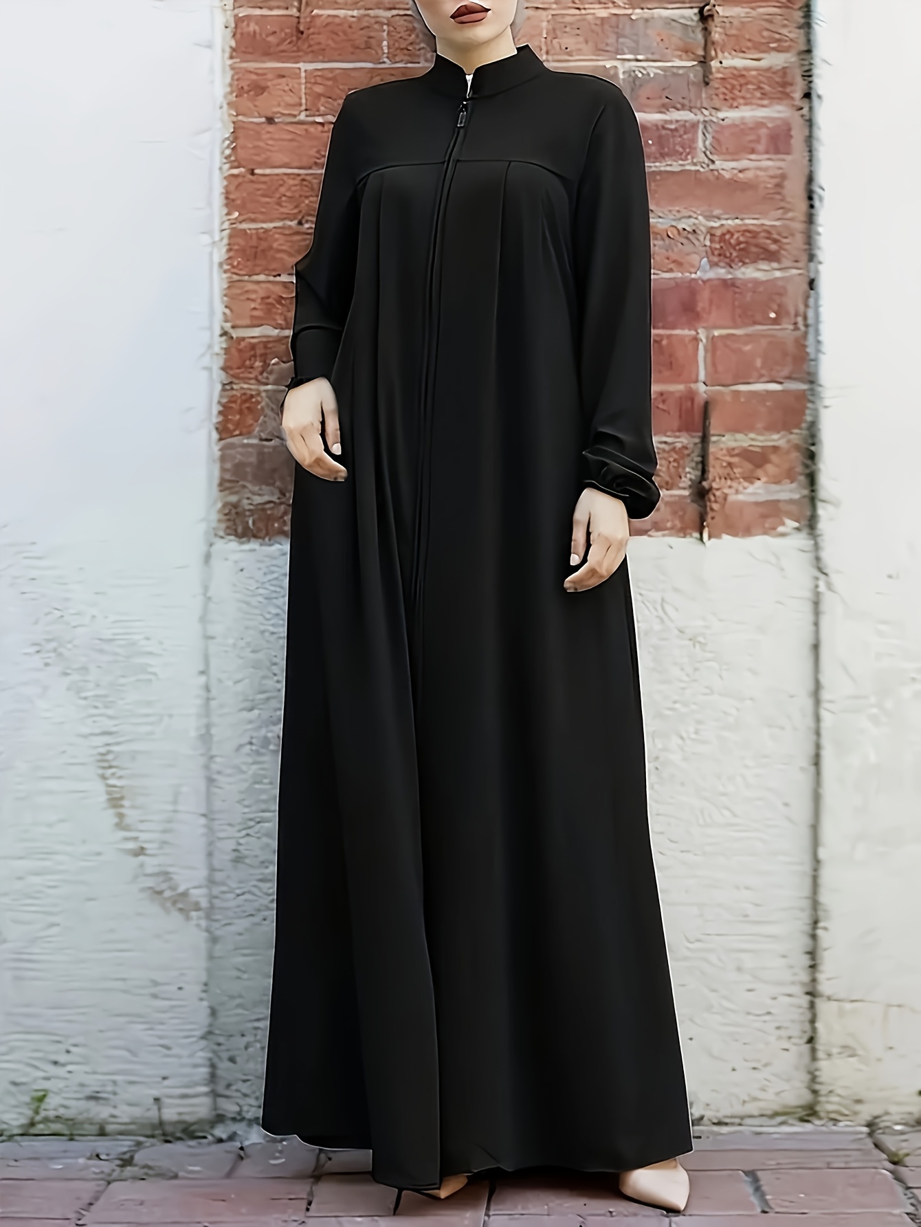 Robe longue pour femme de style moyen-oriental, printemps-été, avec fermeture éclair élégante et col montant, longueur genou.