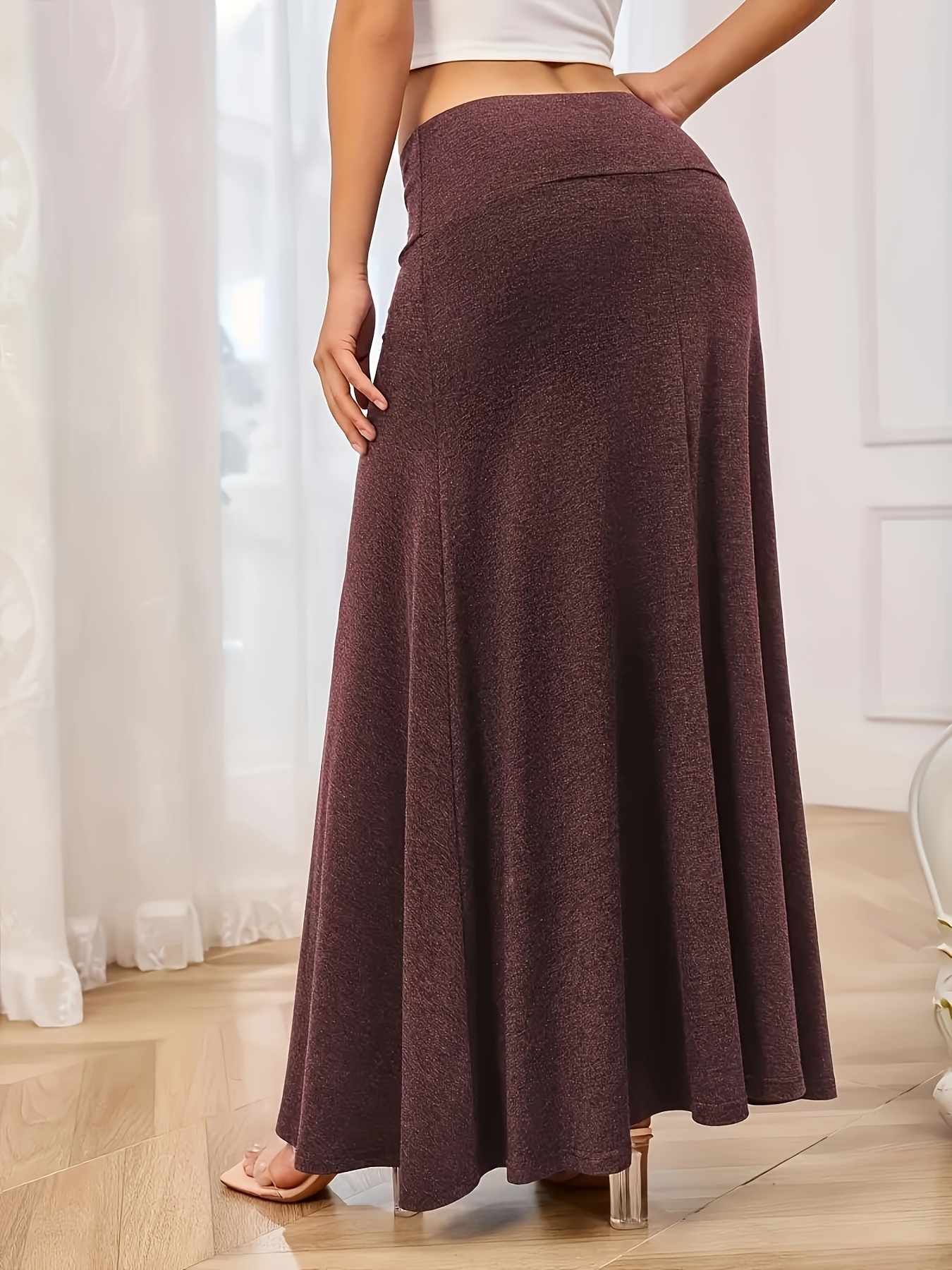 Jupe longue évasée taille haute en tricot élastique grande taille 1XL-5XL unie amincissante polyvalente pour le quotidien