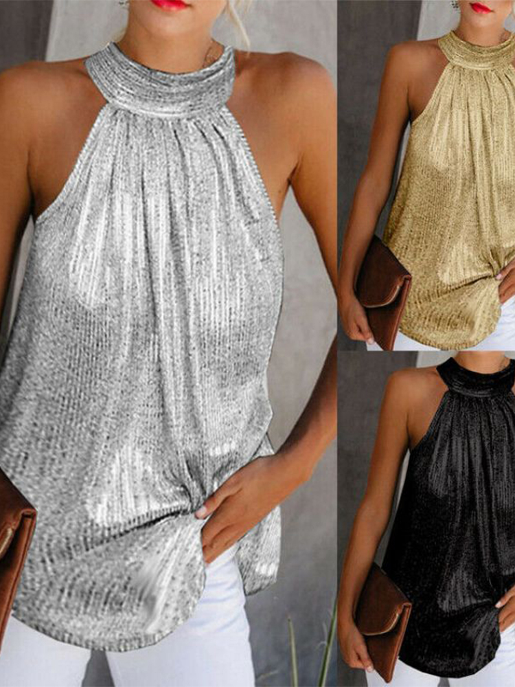 Femmes chemisier doré 2025 nouvelle mode col haut sans manches Hatler débardeur gilet été décontracté ample Blouse chemise t-shirt