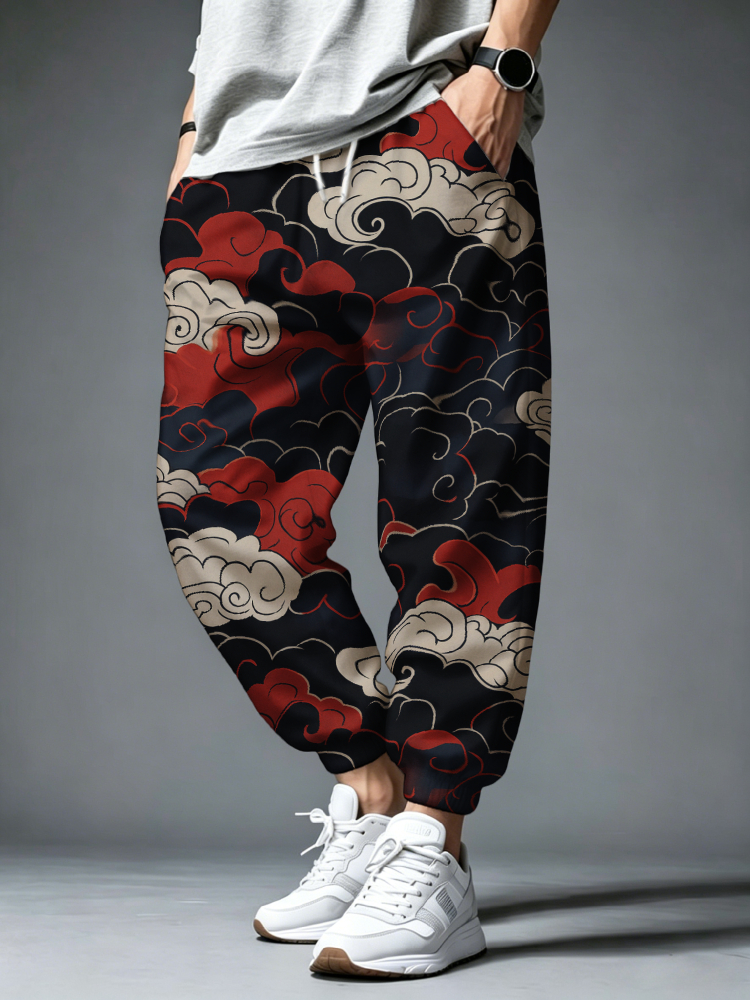 Pantalon de survêtement ample pour homme, style japonais, imprimé nuage artistique, taille à cordon, coupe oversize, large, long, sport, 2026