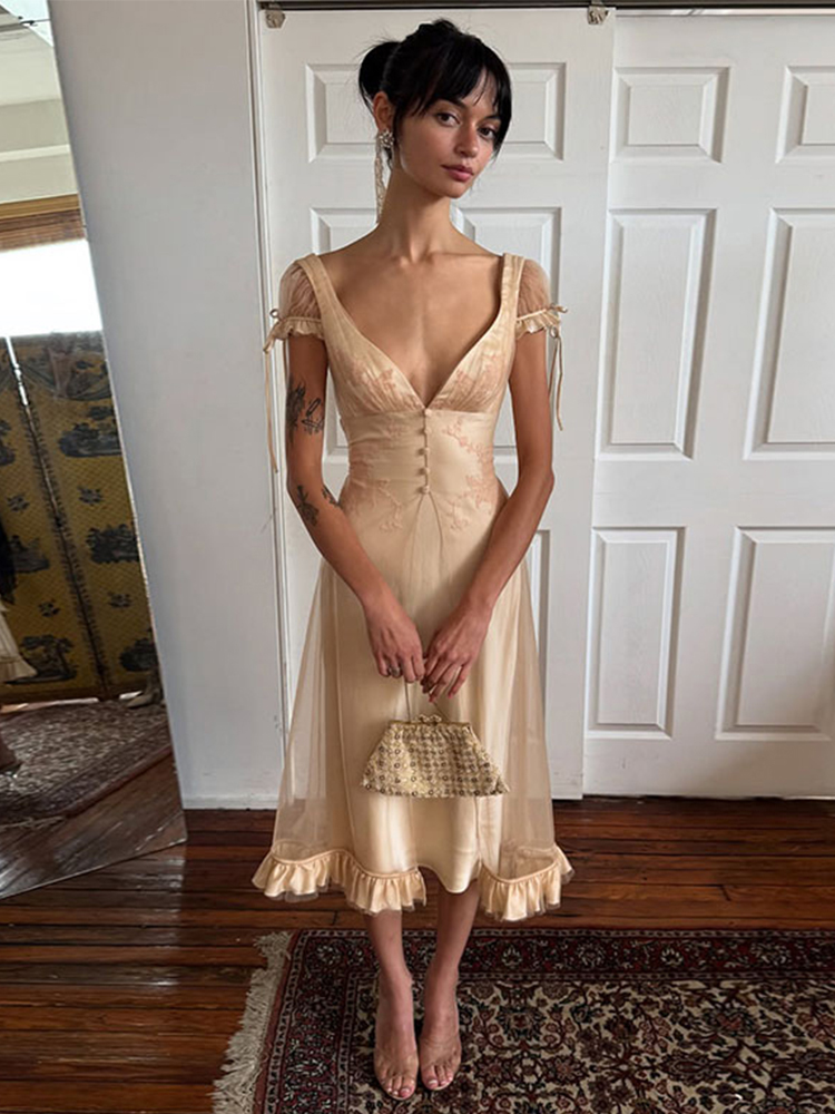 Robe Midi Femme en Satin et Dentelle Patchwork, Manches Courtes Bouffantes, Col en V Profond, Froncée, Coupe Ajustée, Été 2026, Style Vintage Élégant, Robe de Nuit Tendance