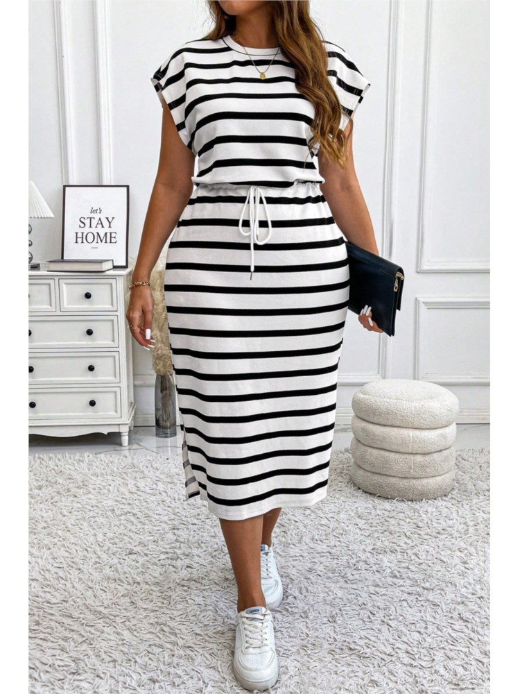 Robe d'été décontractée à manches courtes pour femmes, imprimé rayé, mode, taille cintrée, t-shirt à lacets, robes de sport féminines, 2025