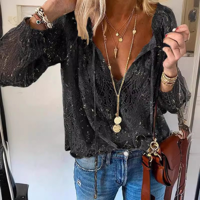 Chemisiers en dentelle évidés pour femmes, chemise pull à col en V profond, chemisier décontracté élégant, mode Boho, printemps, été