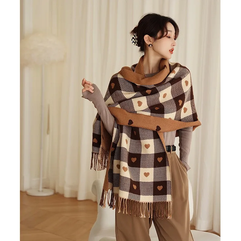 1 écharpe à motifs de cœur pour femmes, écharpe confortable à carreaux pour femmes, écharpe châle épaisse et grande couverture, automne et hiver