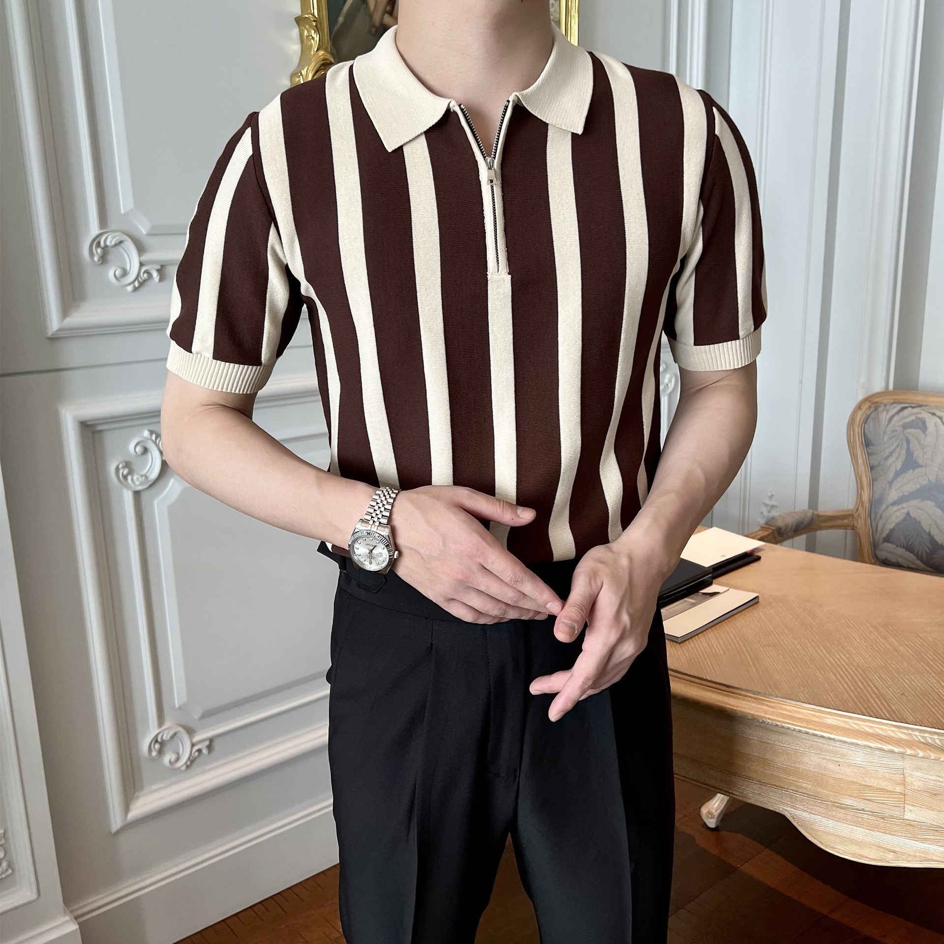 Polo rayé à manches courtes pour hommes, vêtements de loisirs, t-shirts rétro, tricots respirants, mode coréenne, luxe abordable, fermeture éclair
