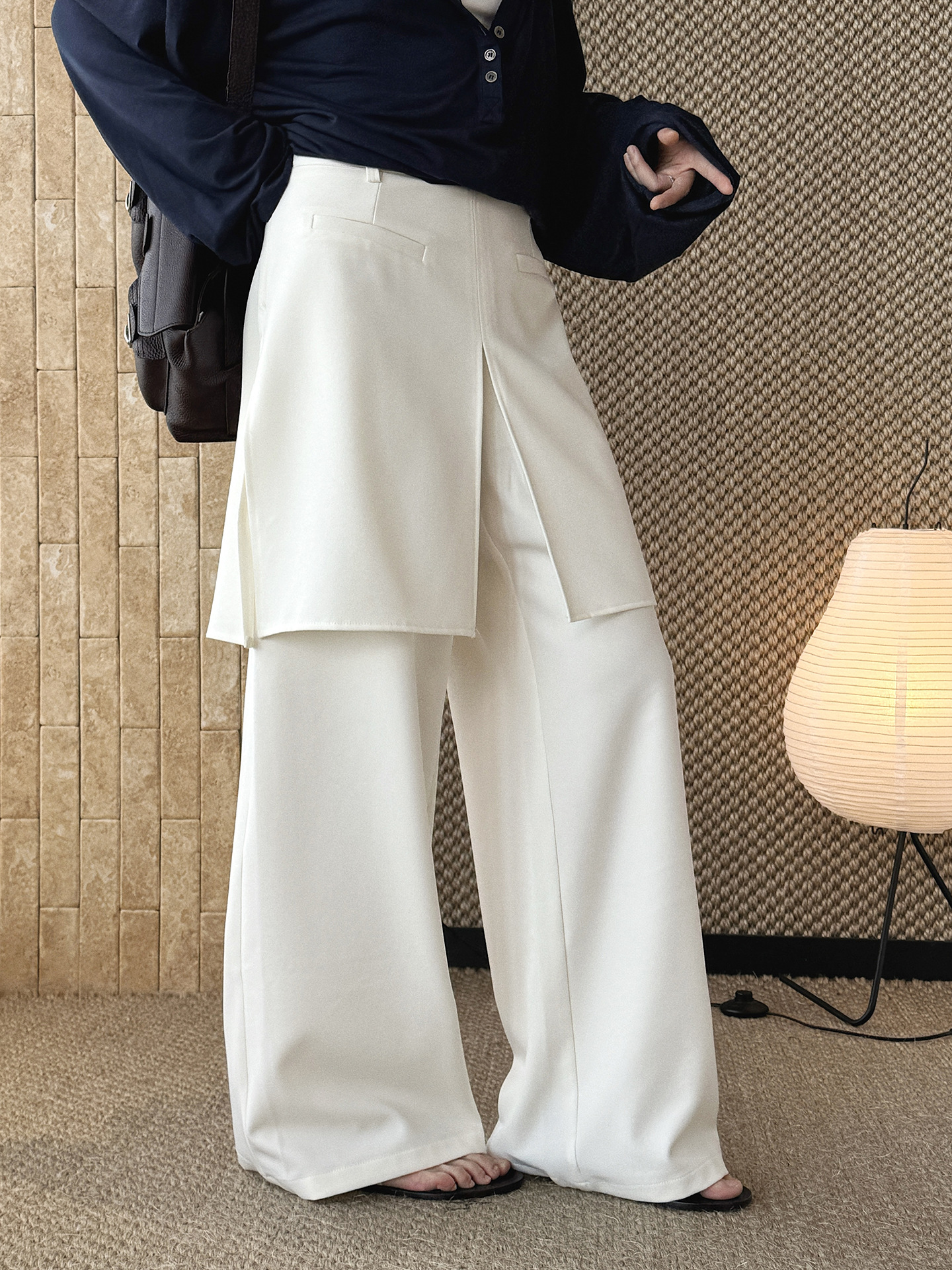 Nouveauté été : Pantalon décontracté coréen déstructuré à superpositions non amovibles, coupe droite, effet lisse, pour femme