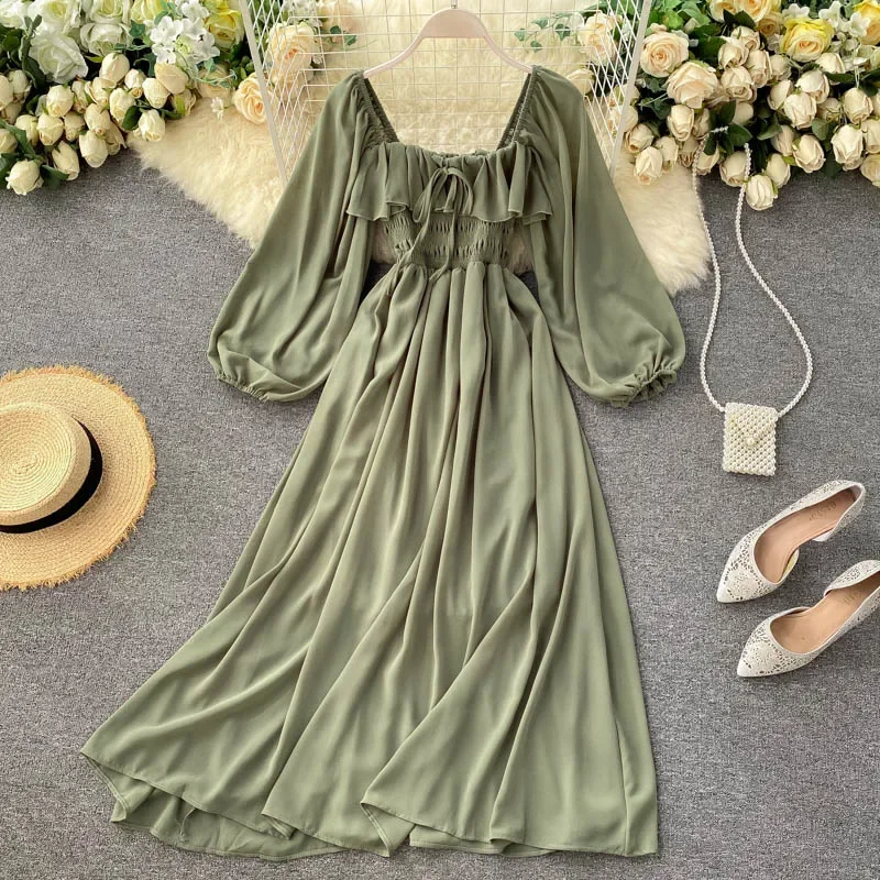 Robe Maxi élégante à col carré pour femmes, en mousseline de soie unie, manches bouffantes, Vintage, Robe de soirée de plage, à volants, Chic, Y2K