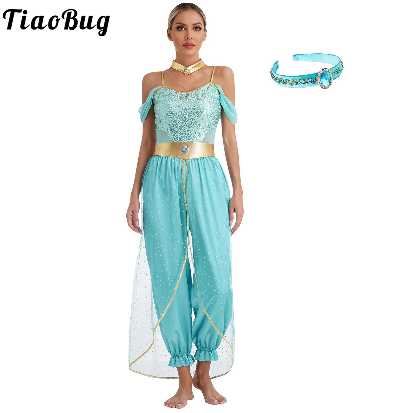 Costumes de princesse arabe pour femmes, tenue de soirée à thème Aladin, barboteuses en tulle à paillettes Jasmines, combinaison de danse du ventre, carnaval d'Halloween
