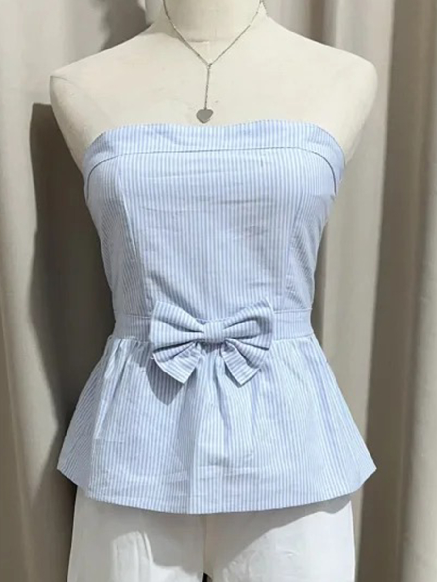 Nouveau débardeur tube rayé bleu pour femme, mignon, sans bretelles, en coton, sans manches, style preppy, décontracté et doux, coupe courte, pour l'été