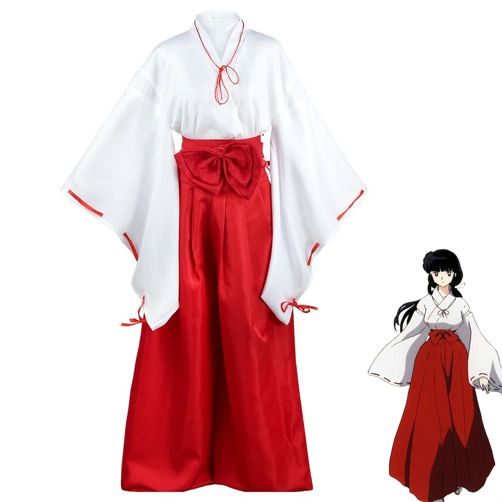 Costume de cosplay d'Inuyasha Kikyo, kimono de la servante du sanctuaire Miko, hakama rouge, tenue de cosplay pour femmes, costume d'Halloween et de carnaval.