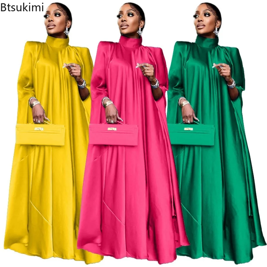 Abaya-Robe de soirée en satin uni pour femmes, robe musulmane de luxe, robe indienne de Dubaï, pull élégant à col haut, robes de soirée