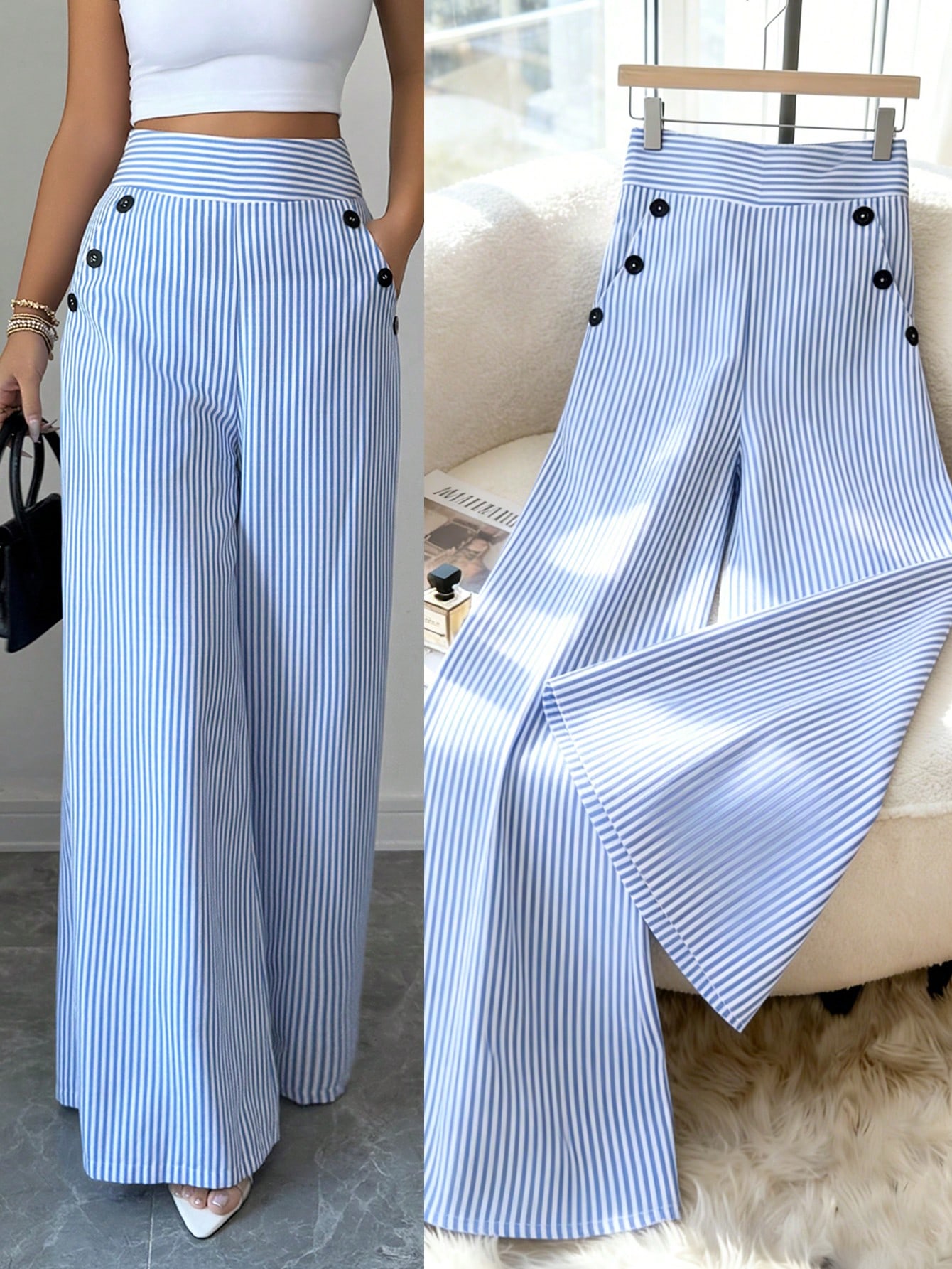Pantalon large rayé élégant |   Pantalons confortables à taille haute pour le bureau et les occasions décontractées