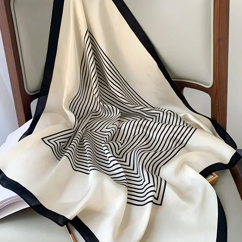 Foulard carré à carreaux en soie pour femmes, marque de luxe, Satin, cravate pour cheveux, bandeau de travail doux, nouvelle tête Hijab, 2024