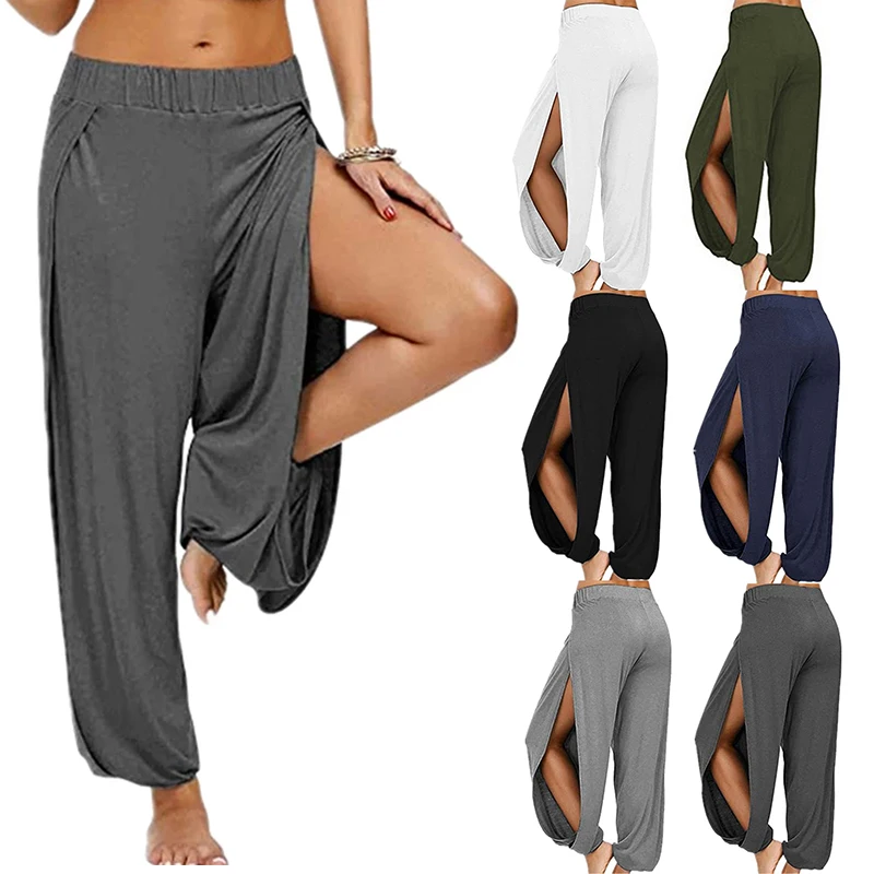 Pantalon Haren d'été à fente haute pour femmes, pantalon de sport, de Yoga, couleur unie, ample, Hippie, sarouel, jambes larges