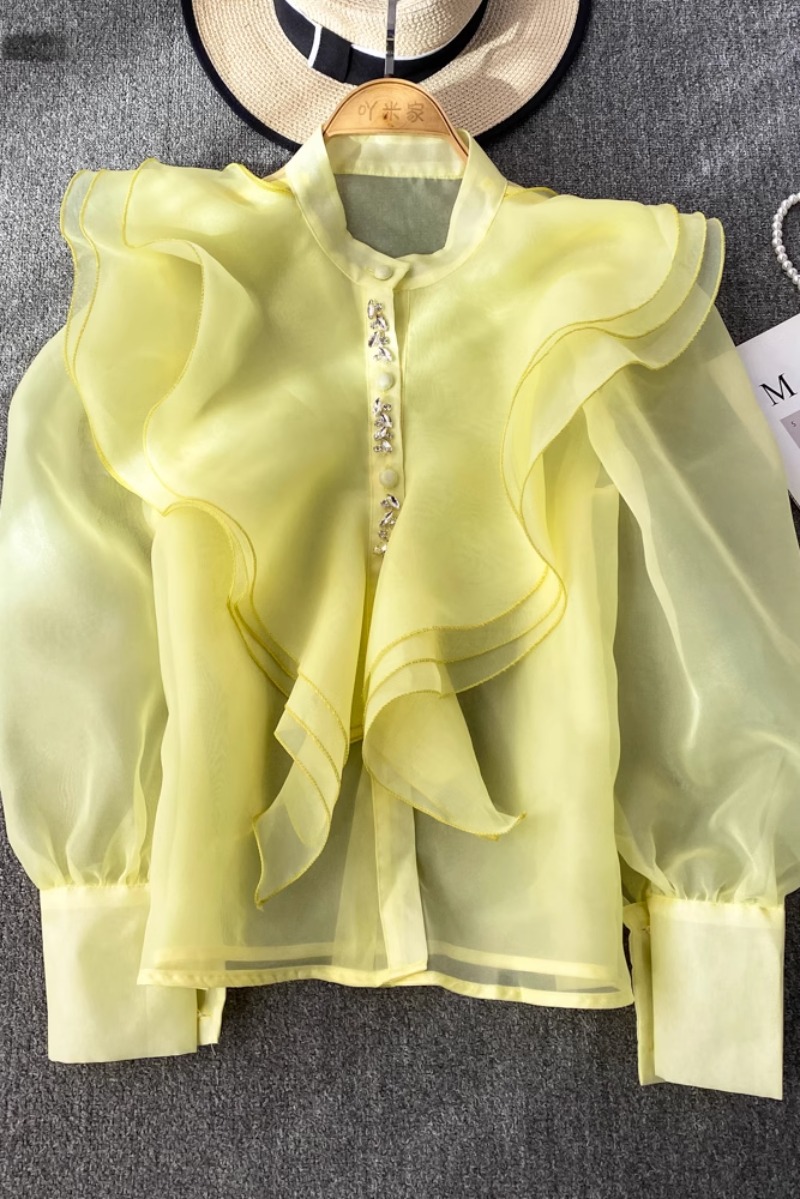 Chemisier à volants en organza pour femmes, chic, maille perlée, transparent, élégant, mode coréenne, livraison directe