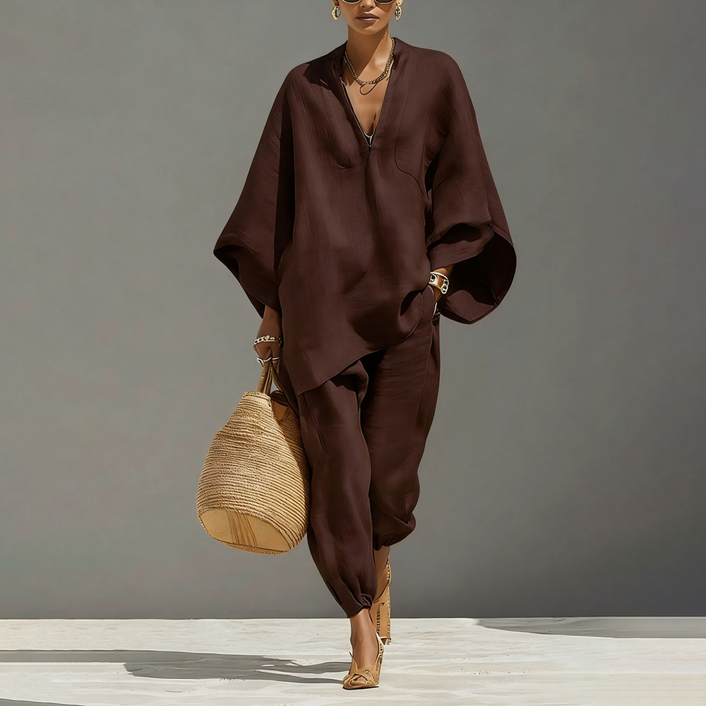 Ensemble décontracté deux pièces col en V pour femme – Tenue d'été 2026 tendance : hauts amples à manches longues et pantalons à jambes larges – Élégant