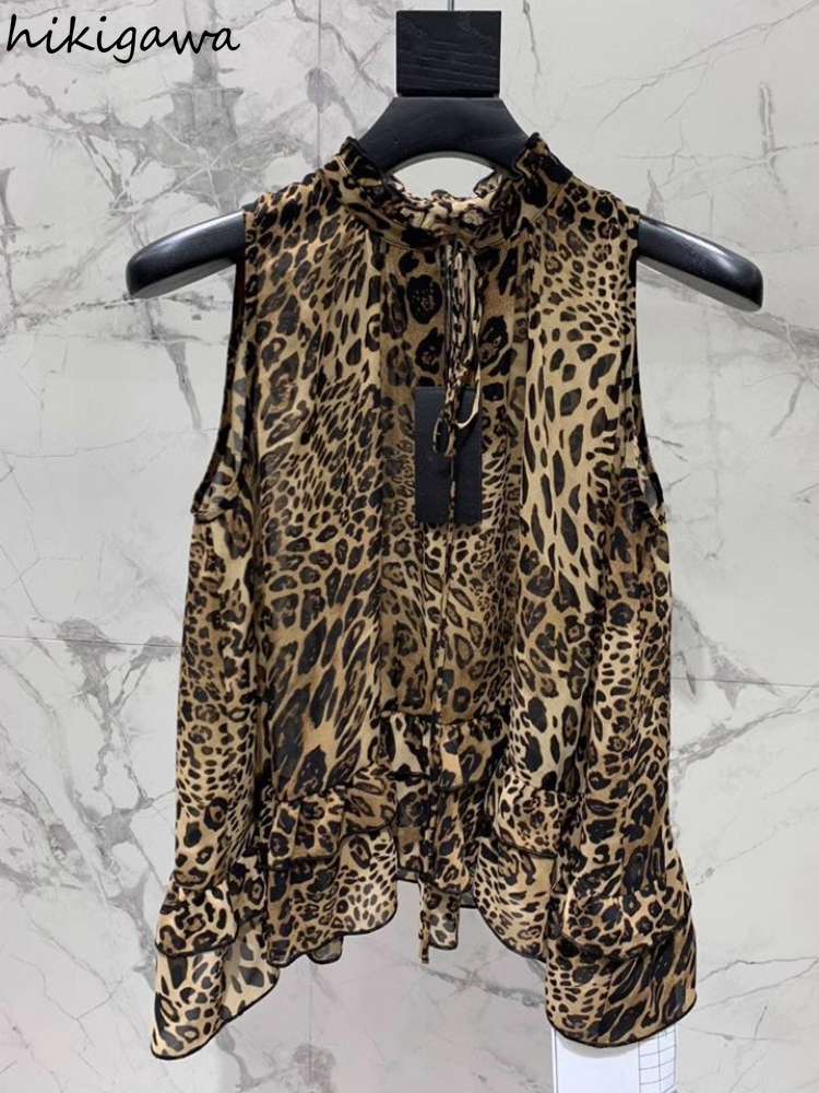 Chemisier imprimé léopard pour femmes en mousseline De soie sans manches chemises amples 2025 Blusas Mujer De Moda tempérament hauts Chic Blouses d'été