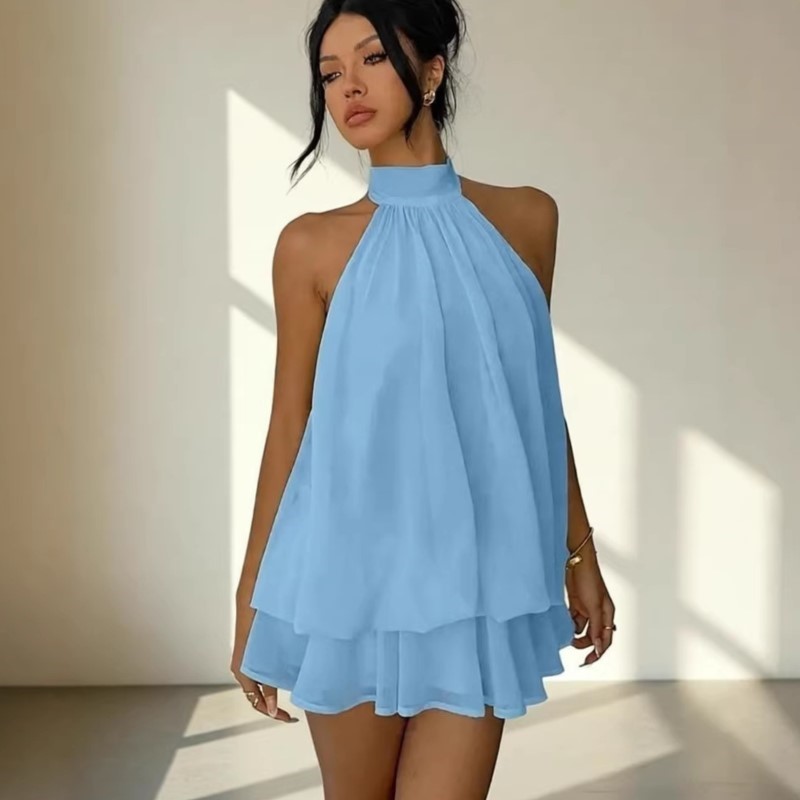 Robe de plage bohème pour femme, ensemble 2 pièces en mousseline, haut à col halter et jupe courte, collection été 2026, sexy et dos nu