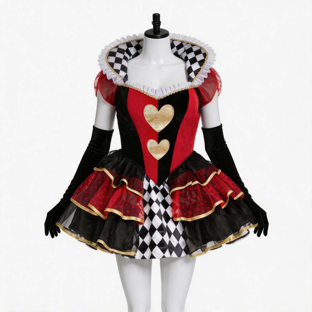 Costume d'Halloween pour femmes, Reine du Cœur, robe tutu à volants rouge, noir et or avec longs gants, tenue de fête cosplay à motif damier de poker.