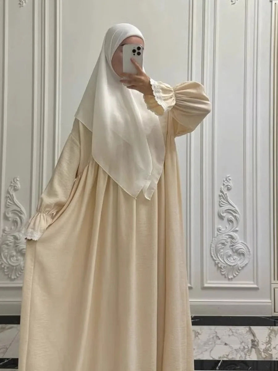 Femmes Robe de prière Abaya dentelle manches évasées Robe longue modeste dubaï Eid musulman Jalabiya Ramadan fête maroc caftan robes arabe