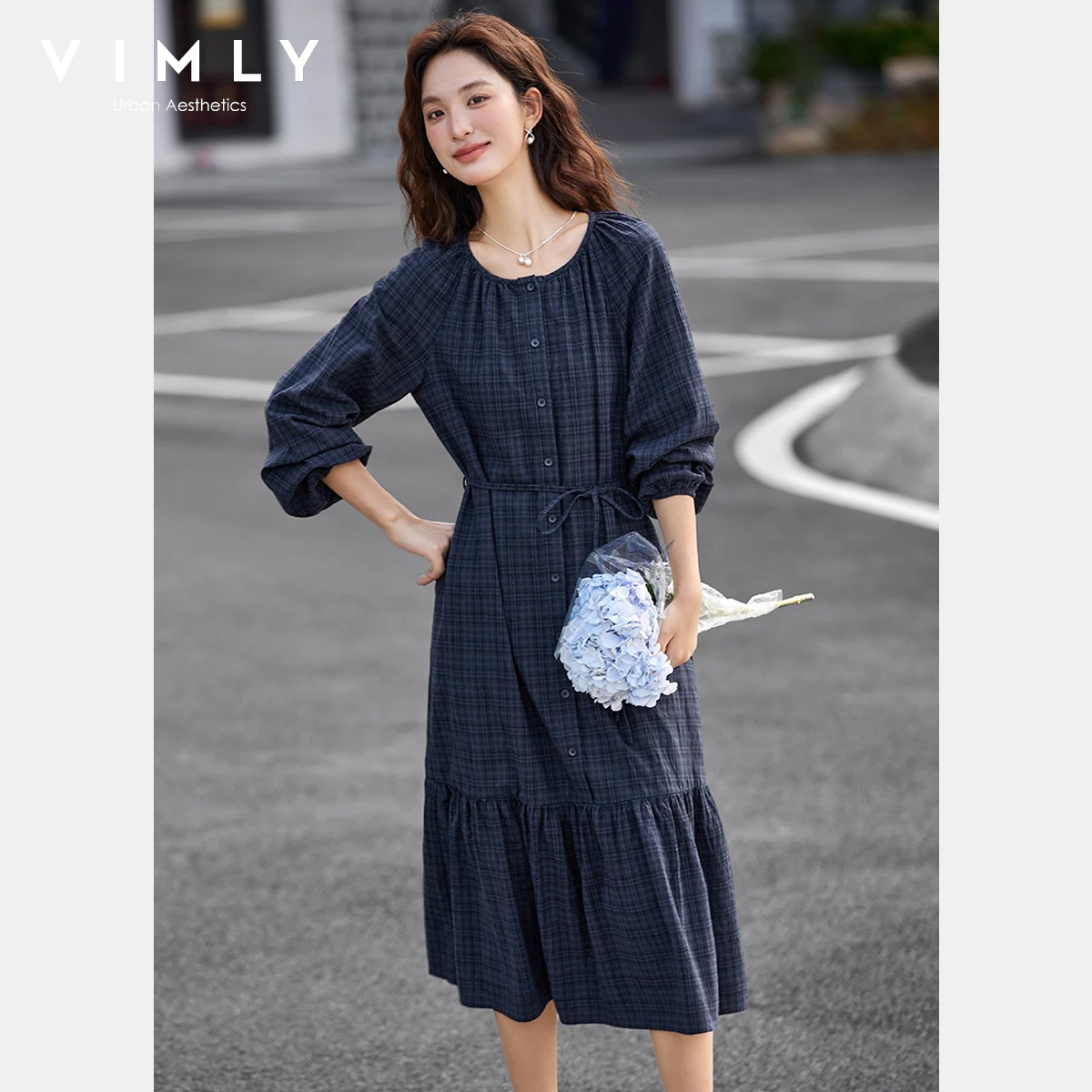 Robe à carreaux col rond VIMLY pour femme, collection automne 2026, décontractée, coupe trapèze ample, élégante, à manches longues avec ceinture, vêtement féminin A2807