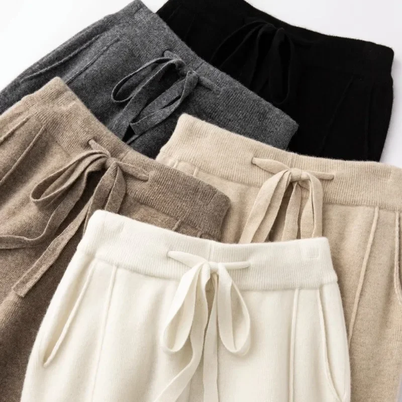 Pantalon de survêtement en cachemire pour femme, nouvelle mode, taille haute, cordon de serrage, décontracté, tricoté, sarouel, automne hiver 2023