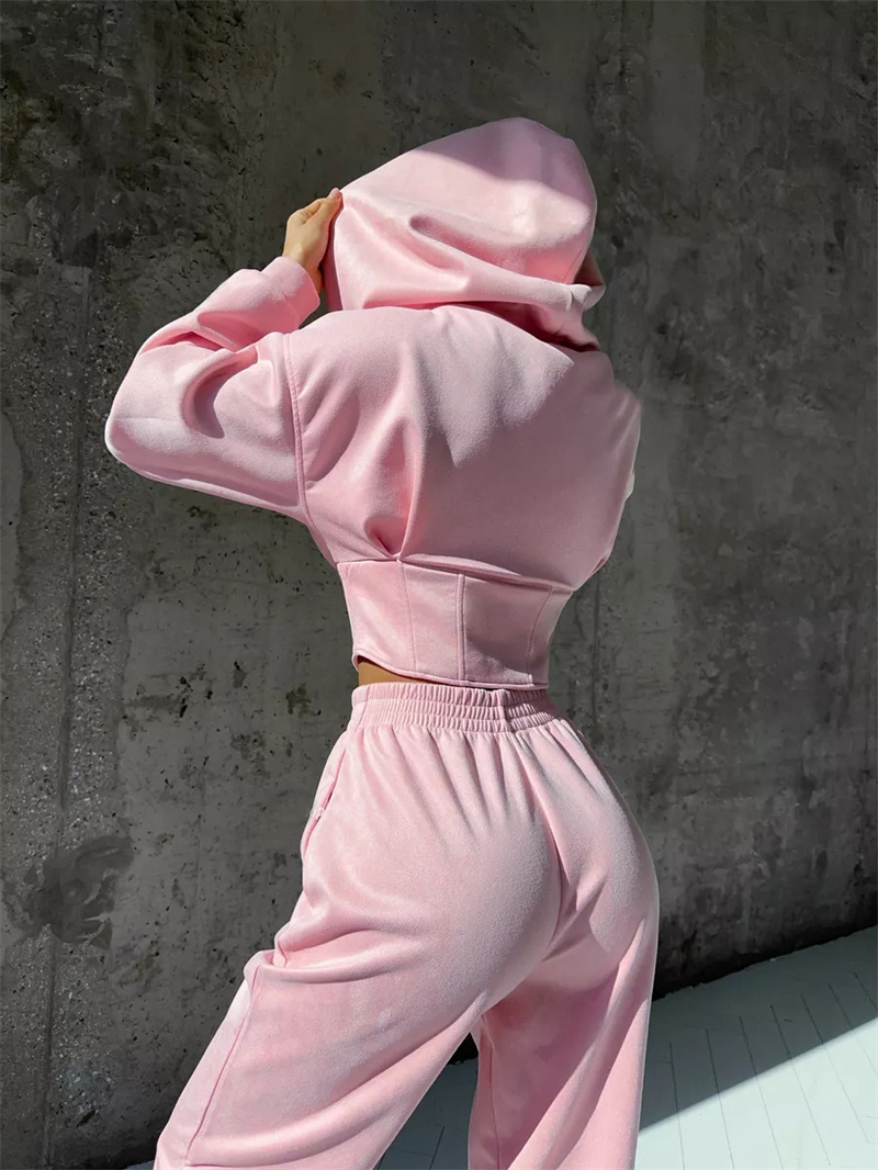 2025 sweat deux pièces costume femmes sport décontracté ensembles fermeture éclair à capuche tunique veste courte haut pantalon droit 2 pièces ensembles