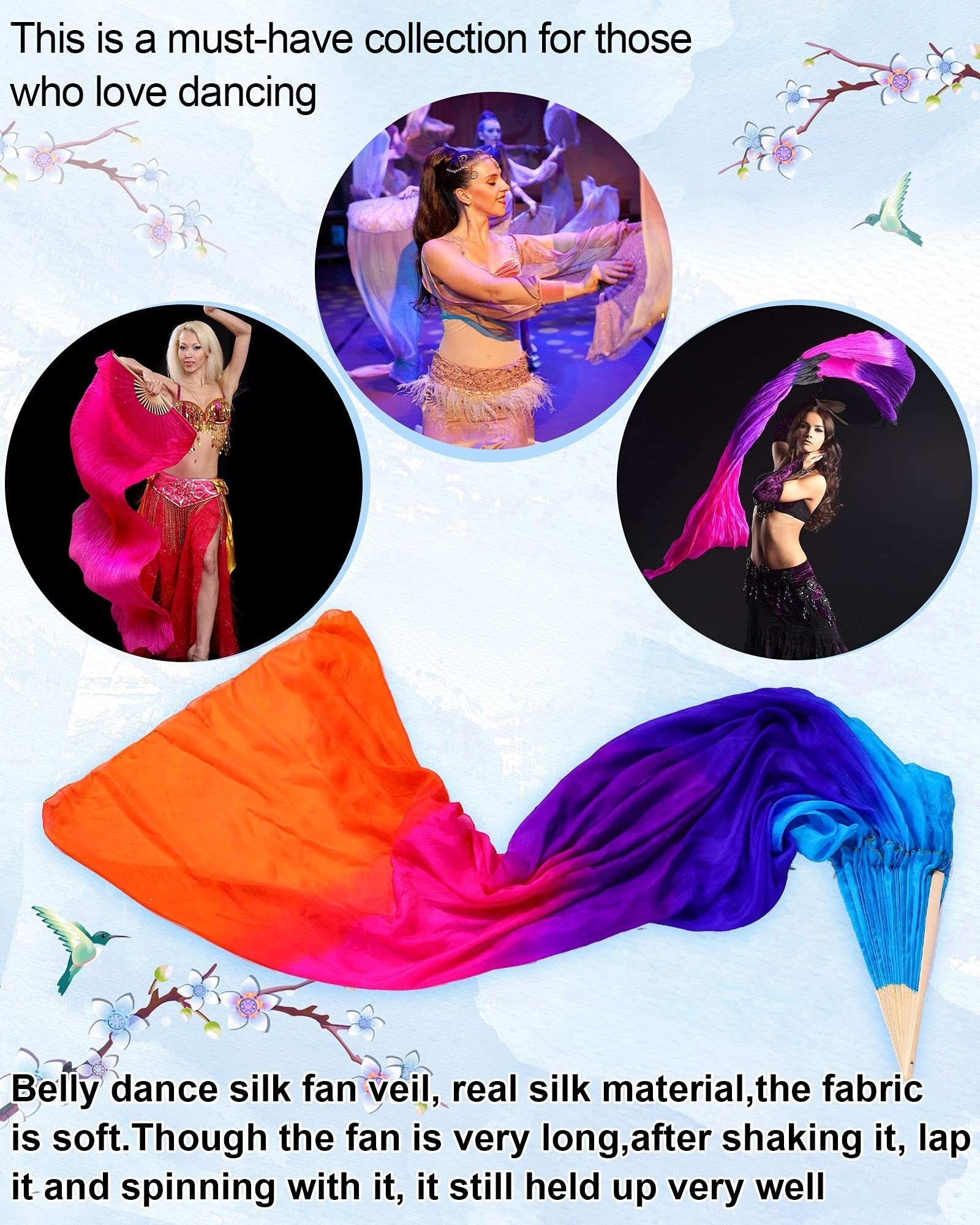 1 paire (gauche + droite) d'éventails de danse orientale pour femmes, éventail long pliable en bambou coloré avec rubans en soie imitation, 180 cm