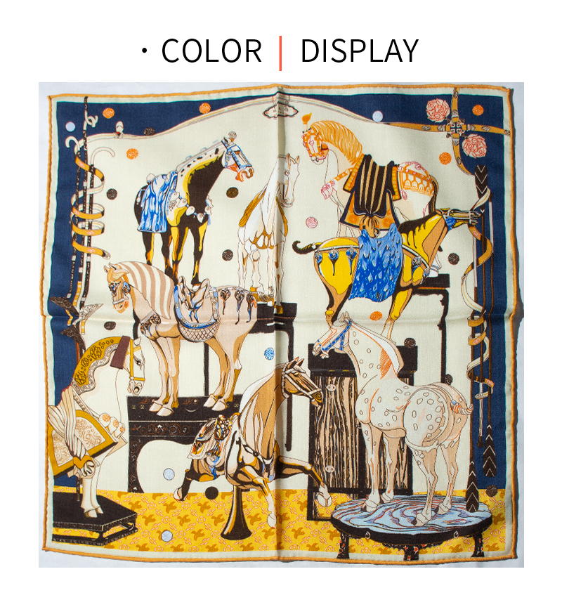 Écharpe pour femmes 30% soie 70% laine, motif vintage cheval d'art, 65 cm carré, douce, chaude, accessoire de mode de luxe