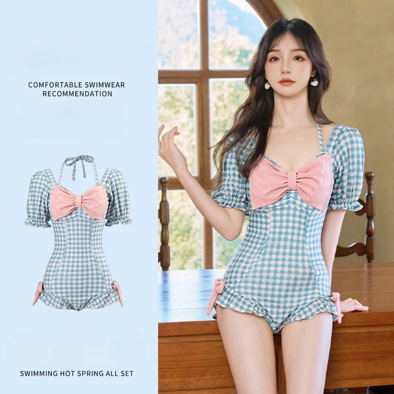 Maillots de bain sexy à la mode coréenne, bleus à carreaux avec nœud, une pièce, manches courtes bouffantes, dos noué, style halter, bikinis, tenues de plage mignonnes.
