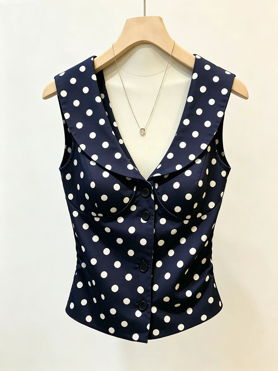 Débardeur Femme Vintage à Pois Col V Sans Manches Boutonné Coupe Slim Bleu Marine Tenue Décontractée d'Été Streetwear