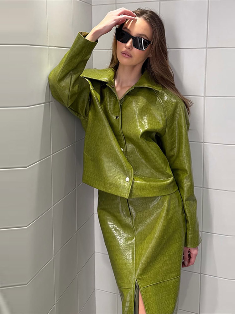 Ensemble Jupe et Manteau en Similicuir PU pour Femme, Style Urbain, Veste à Boutons à Manches Longues et Col Revers, Jupe Fendue, Collection Automne Hiver 2026