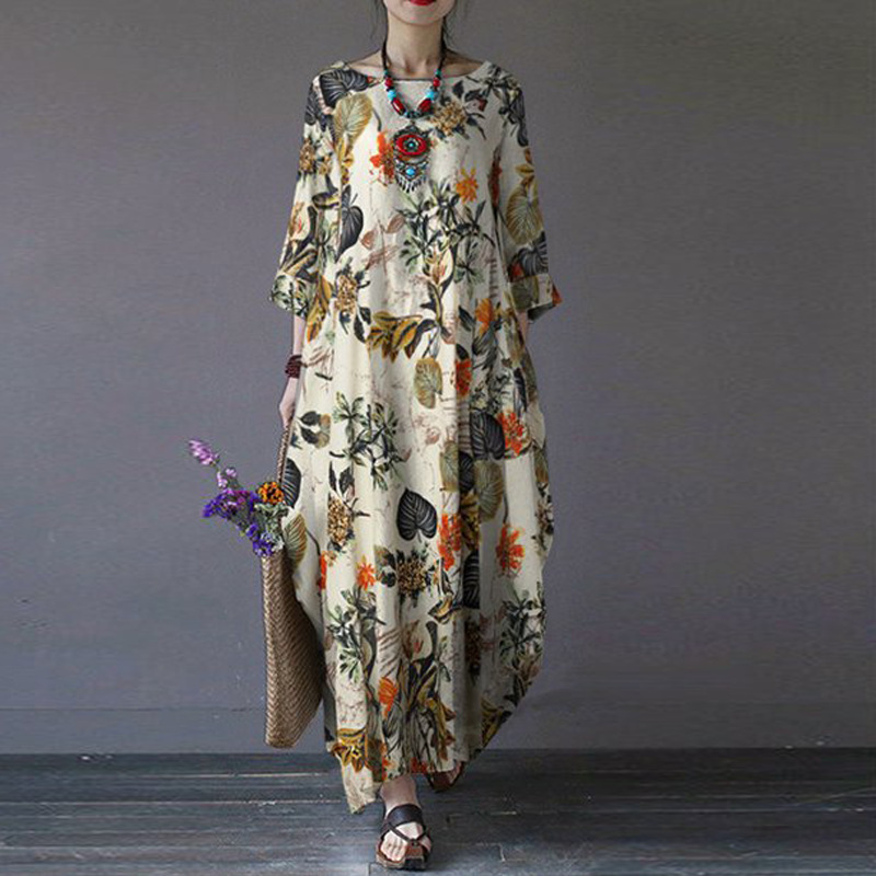 Robe florale élégante en coton et lin pour femmes, tenue de soirée à manches courtes, décontractée, vacances, style Boho, imprimée, été