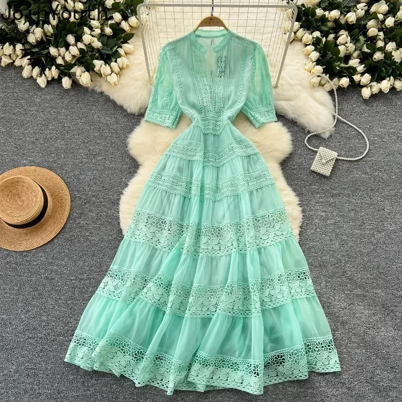 Robes d'été pour femmes taille mince à manches courtes Vintage Robe Femme Patchwork dentelle évider Robe Maxi 2025 robes De Mujer