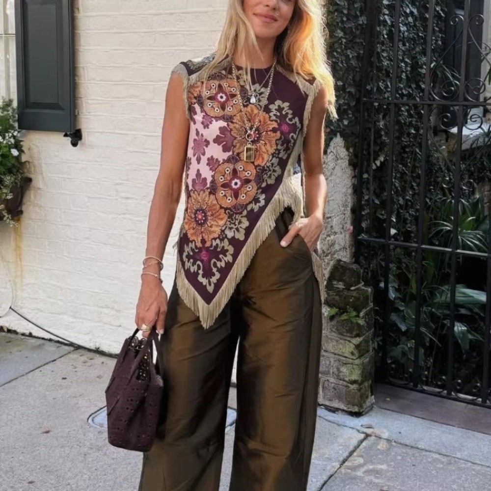 Nouveau haut en satin vintage pour femmes, décoré de pompons, imprimé floral asymétrique, chic, col rond, sans manches, chemisier d'été, tenue décontractée