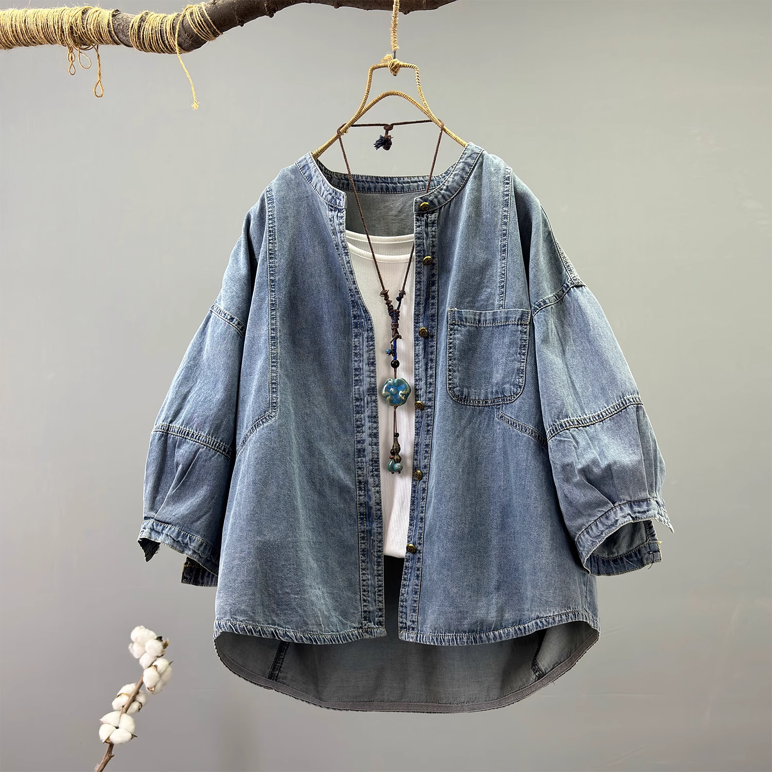 Chemises et chemisiers en denim pour femmes, mode Harajuku, été automne, style japonais, demi-manches, hauts amples en jean