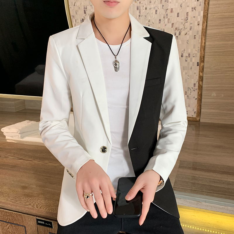 Blazer décontracté pour hommes, vêtements de mode coréens, veste imbibée de patchwork, vêtements fins d'été pour hommes, beau manteau ajusté, rouge, blanc, bleu