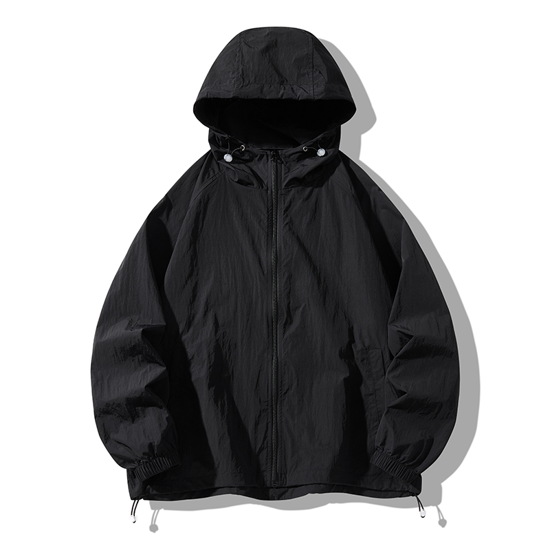 Veste d'été fine à capuche pour hommes, vêtements de Protection solaire imperméables, fermeture éclair complète, peau à séchage rapide, manteau coupe-vent noir