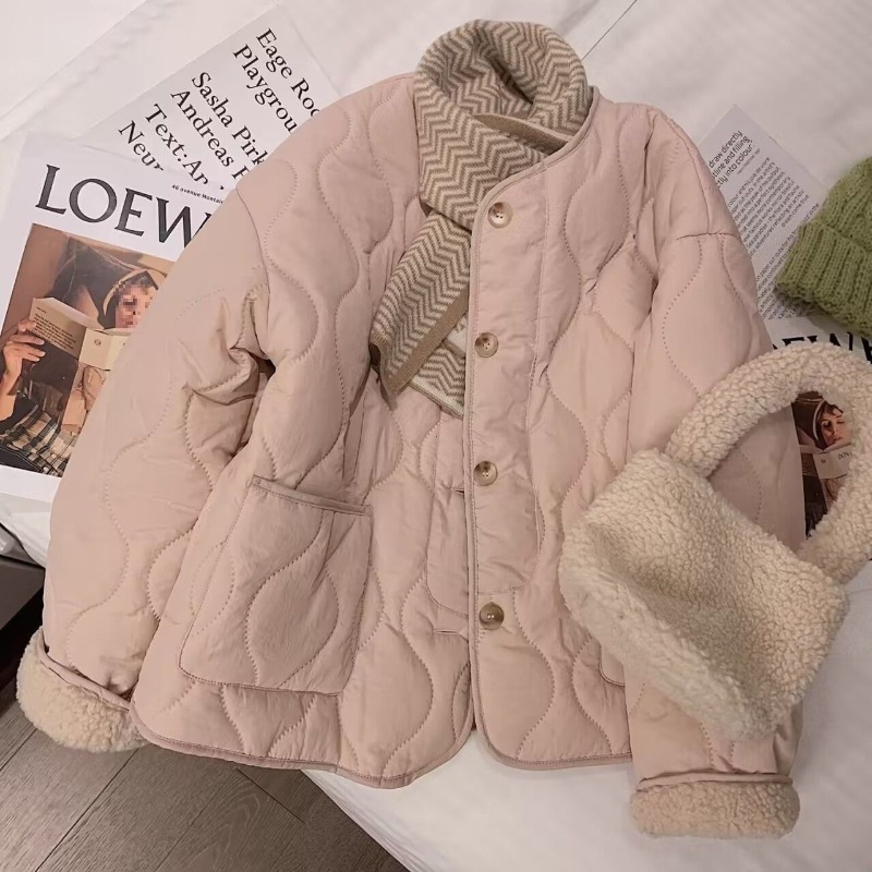 Manteau en coton velours de mouton rose pour femme, nouvelle arrivée hiver 2026, style coréen, col rond, coupe ample, manches longues