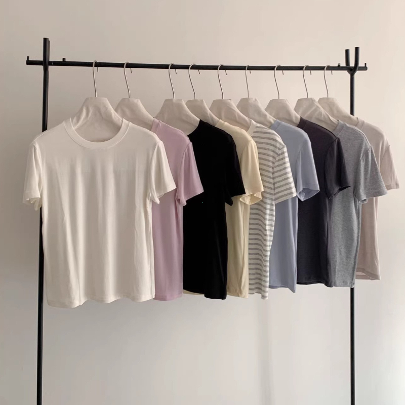 T-shirt d'été en soie à manches courtes pour femme, col rond, en laine, coupe ajustée, sous-vêtement de base