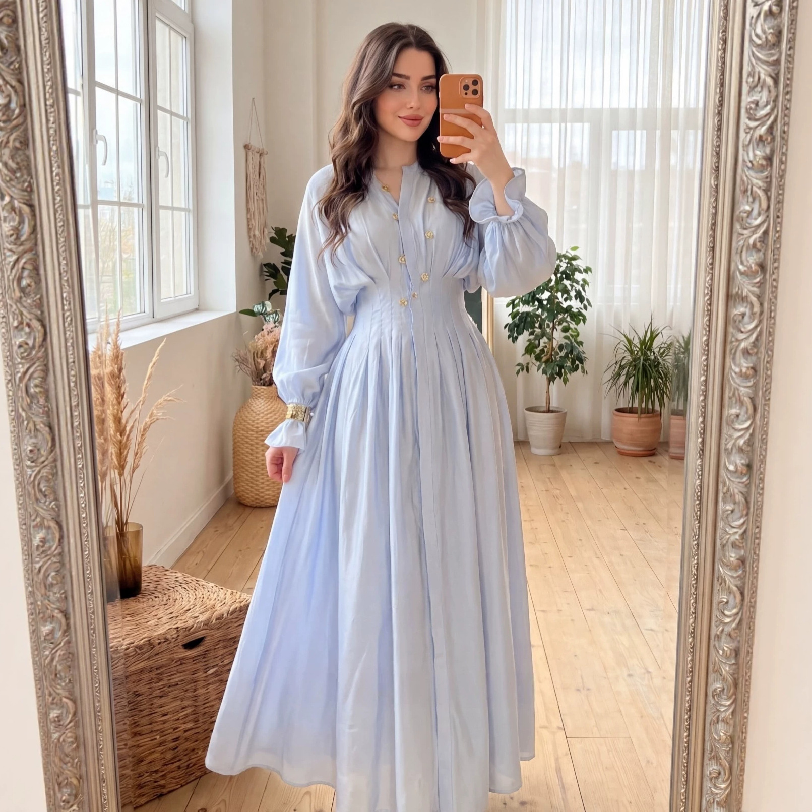 Nouvelle robe longue décontractée et tendance pour femme, col en V, manches lanternes, boutons décoratifs, taille plissée, confortable pour le quotidien et les trajets.