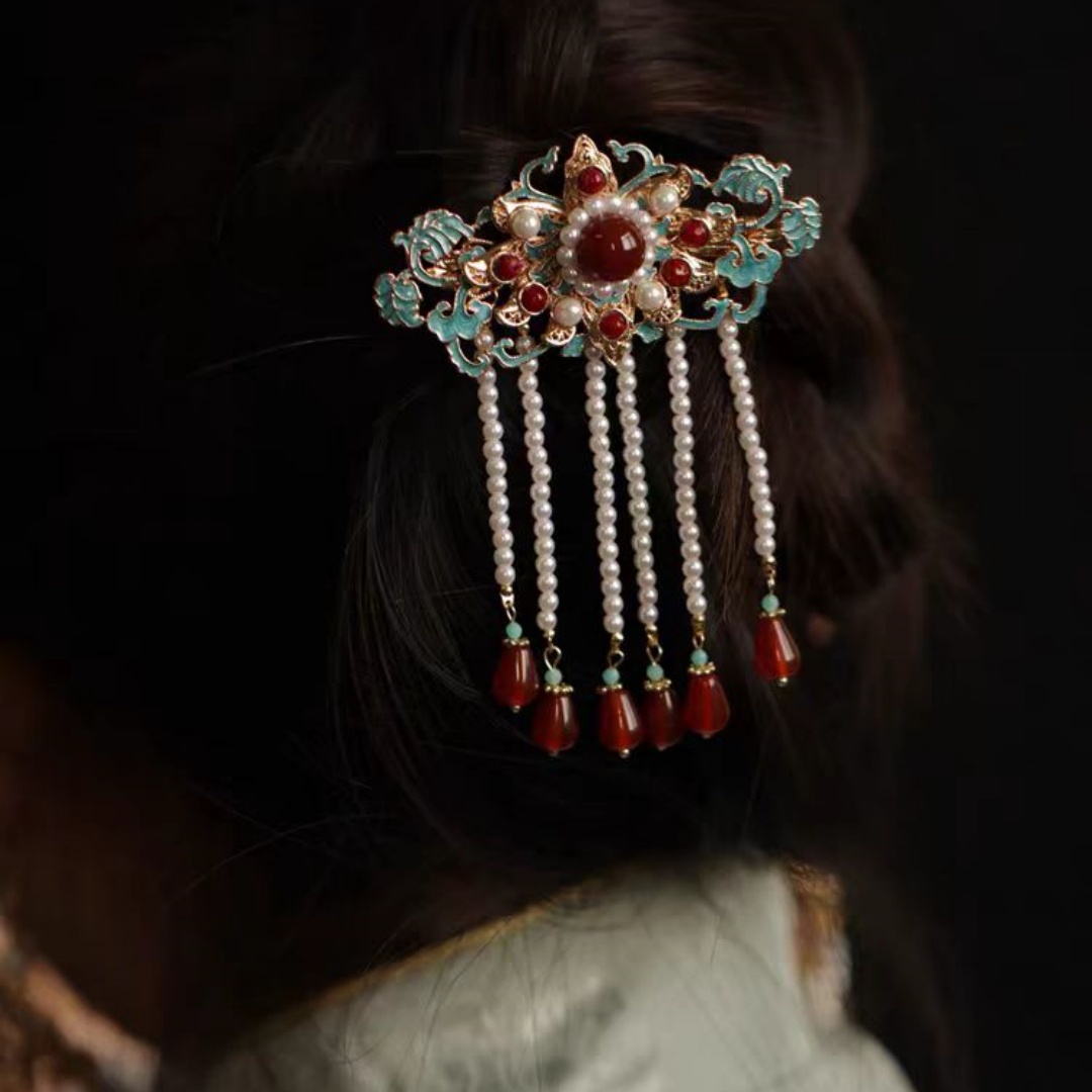 Accessoires pour cheveux de style Hanfu ancien, style rétro des dynasties Song et Ming, pinces à cheveux bleu brûlé, tenue de mariée, pinces à cheveux rouges.